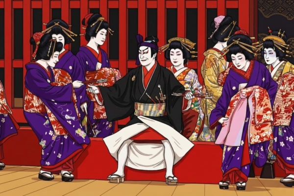 女郎たちから煙管を次々と受け取る助六