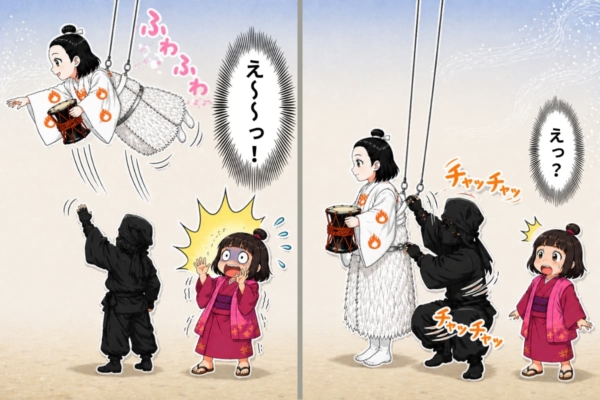 [34-6]宙乗りで上がっていく◯休狐忠信を見て驚くサコちゃん