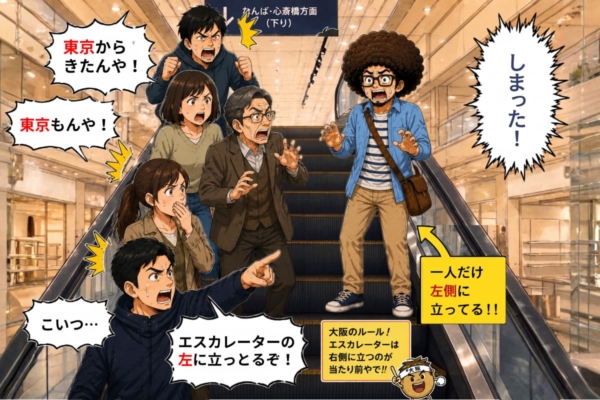 [2]エスカレーターで無意識に左に立ってしまい東京モンとばれるミナミ