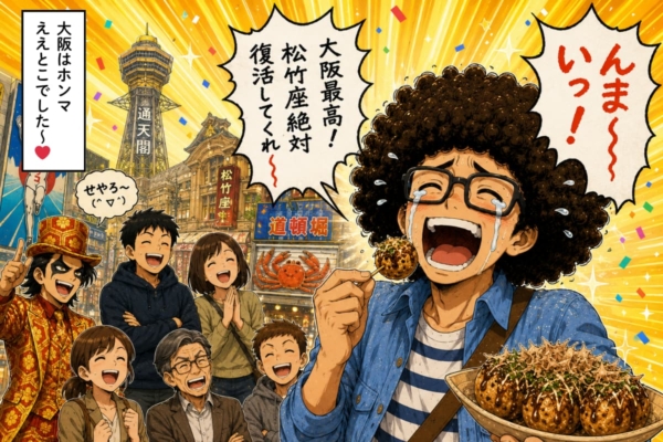 [4]たこ焼きの美味しさに感動し、大阪松竹座復活を願いながら喜ぶミナミ