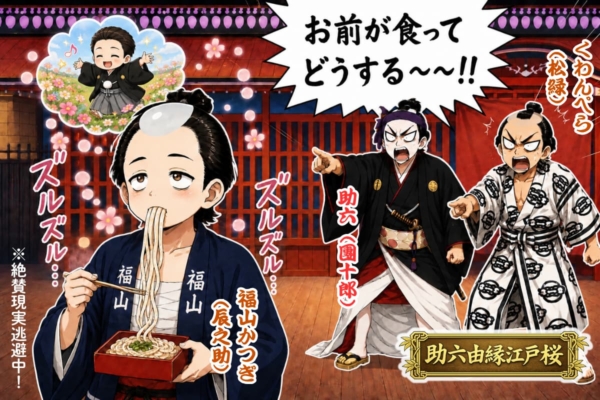 [36-7]『助六由縁江戸桜』でうどんを食べてしまう福山かつぎ・辰之助