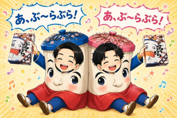 [37-5]「博多ぶらぶら」を持って笑顔で最後のポーズを決める莟玉と吉太朗