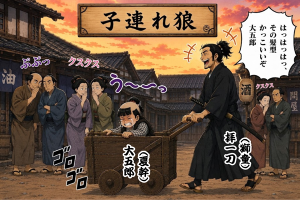 [41-7]子連れ狼で大五郎（中村夏幹）の髪型を笑う拝一刀（中村獅童）